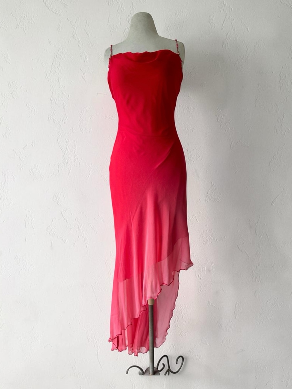Vtg Y2K Cache Red Ombré Cowl Silk Asymmetrical Beaded Dress Sz 6 Whimsy 90s